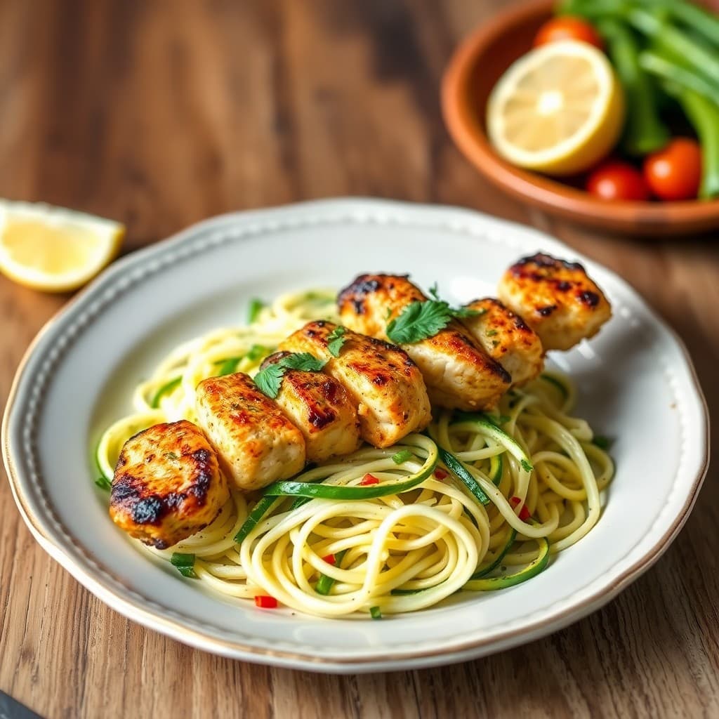 Lemon Garlic Chicken Skewers with Zucchini Noodle Salad