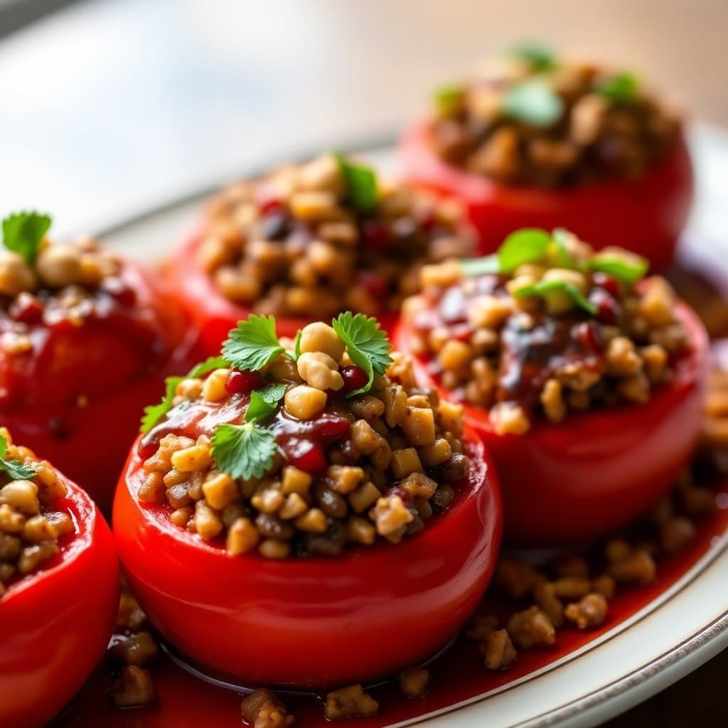 Turkish Lentil & Bulgur Stuffed Tomatoes with Walnut-Pomegranate Drizzle