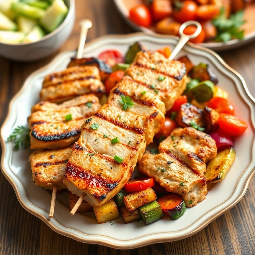 Grilled Chicken Skewers with Roasted Vegetable Medley