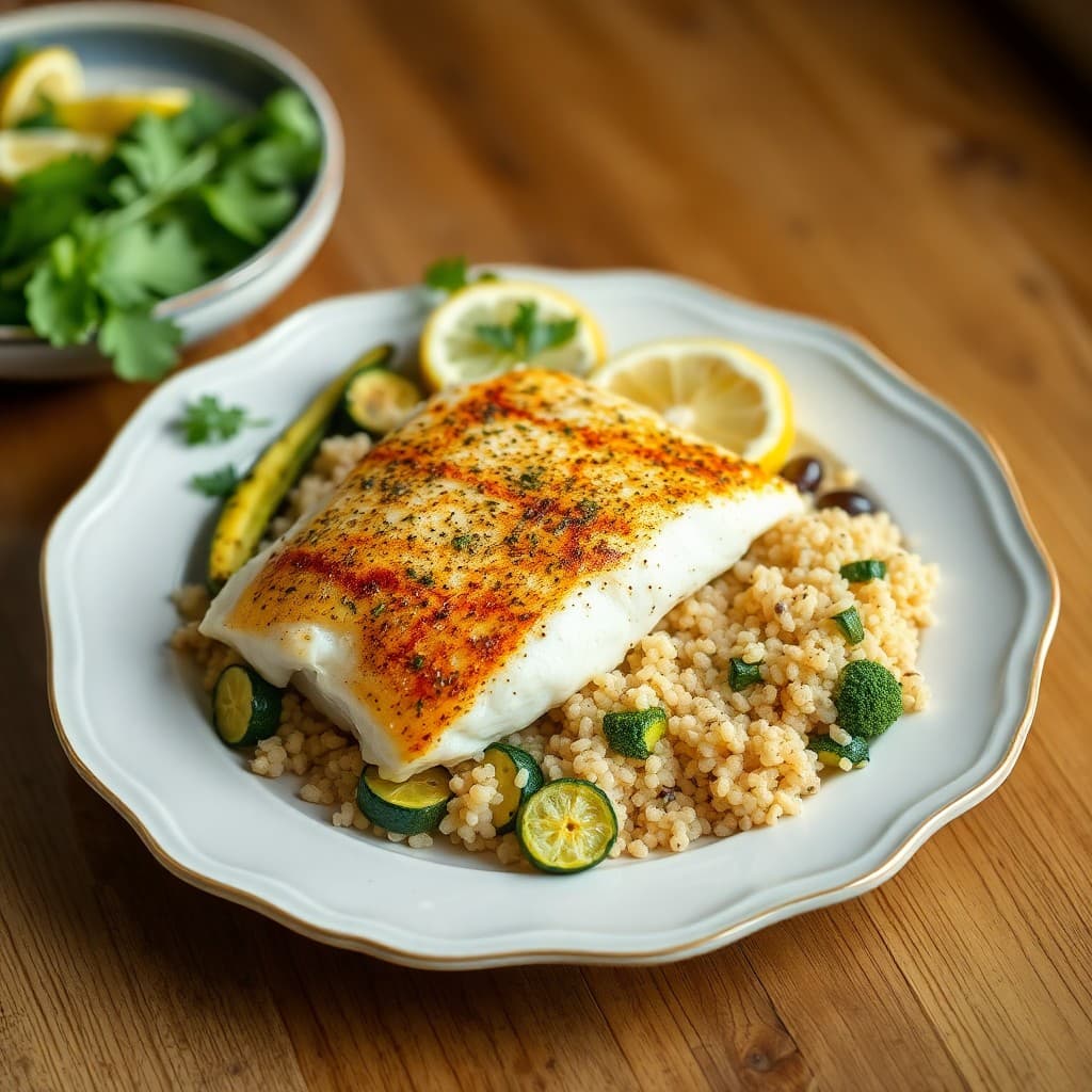 Baked Lemon-Herb Tilapia with Roasted Zucchini and Quinoa