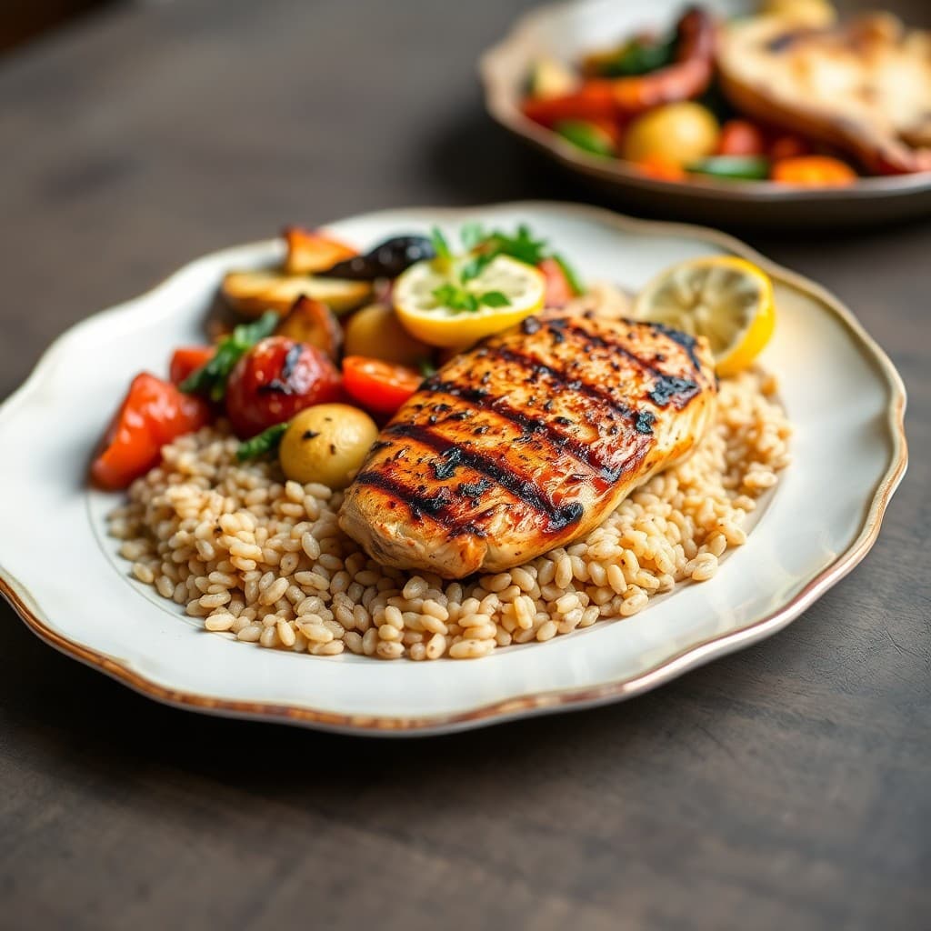 Grilled Lemon Garlic Chicken with Roasted Vegetables and Farro