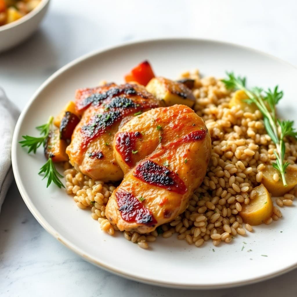 Seared Ginger-Garlic Chicken with Roasted Vegetables and Barley