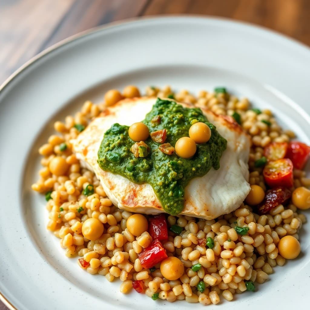 Pan-Seared Sea Bass with Crispy Chickpea Salsa Verde & Herbed Farro