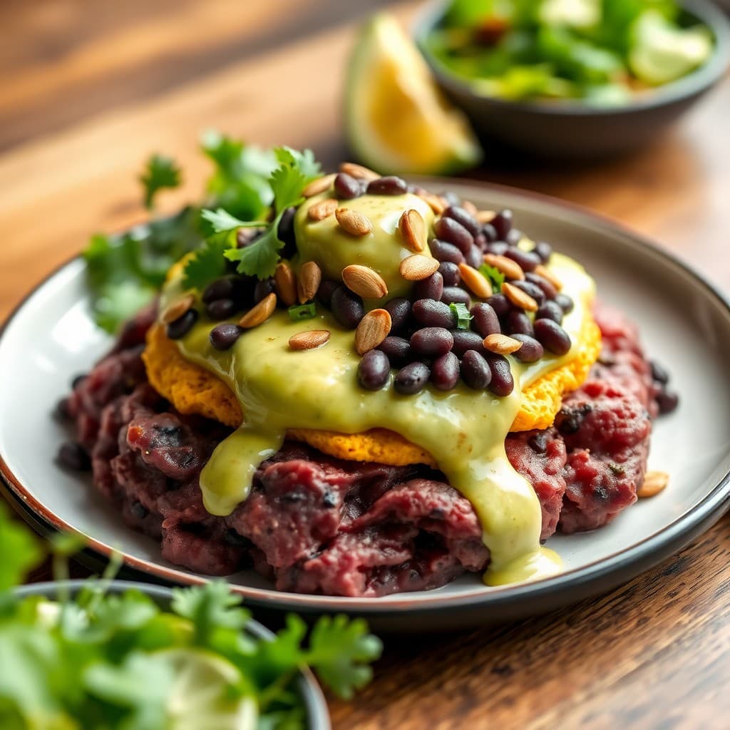 Peruvian Purple Potato & Black Bean Causa with Avocado-Cilantro Cream