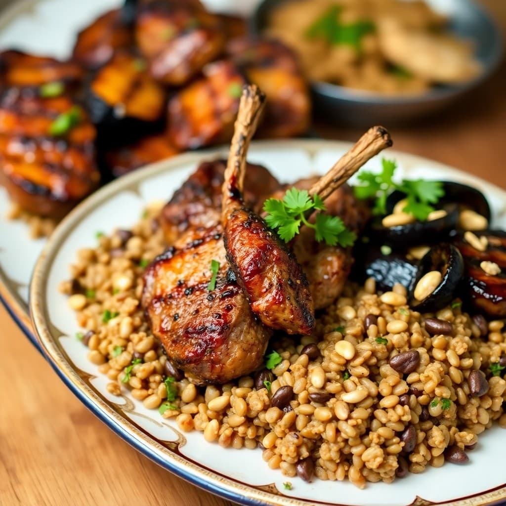 Turkish-Spiced Grilled Lamb with Charred Eggplant & Herbed Lentil Pilaf