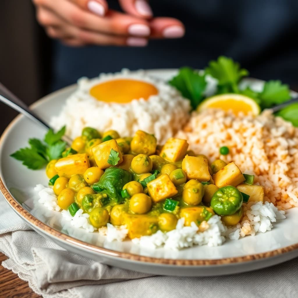 Thai Green Curry Chickpea Breakfast Scramble with Crispy Tofu & Jasmine Rice