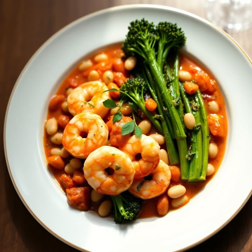 Spanish-Style Garlic Shrimp with White Bean Ragù & Charred Broccolini