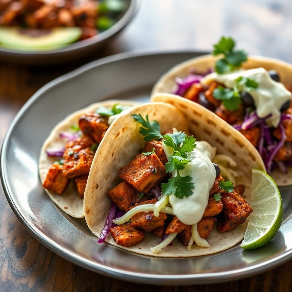 Smoky Chipotle Tempeh Tacos with Cilantro-Lime Slaw & Black Bean Crema