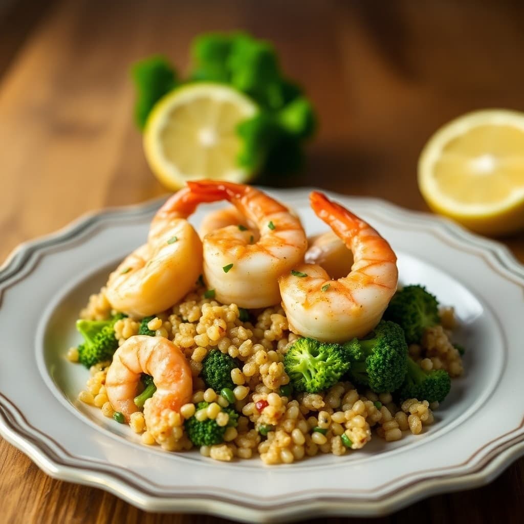 Lemon-Garlic Sautéed Shrimp with Roasted Broccoli & Quinoa