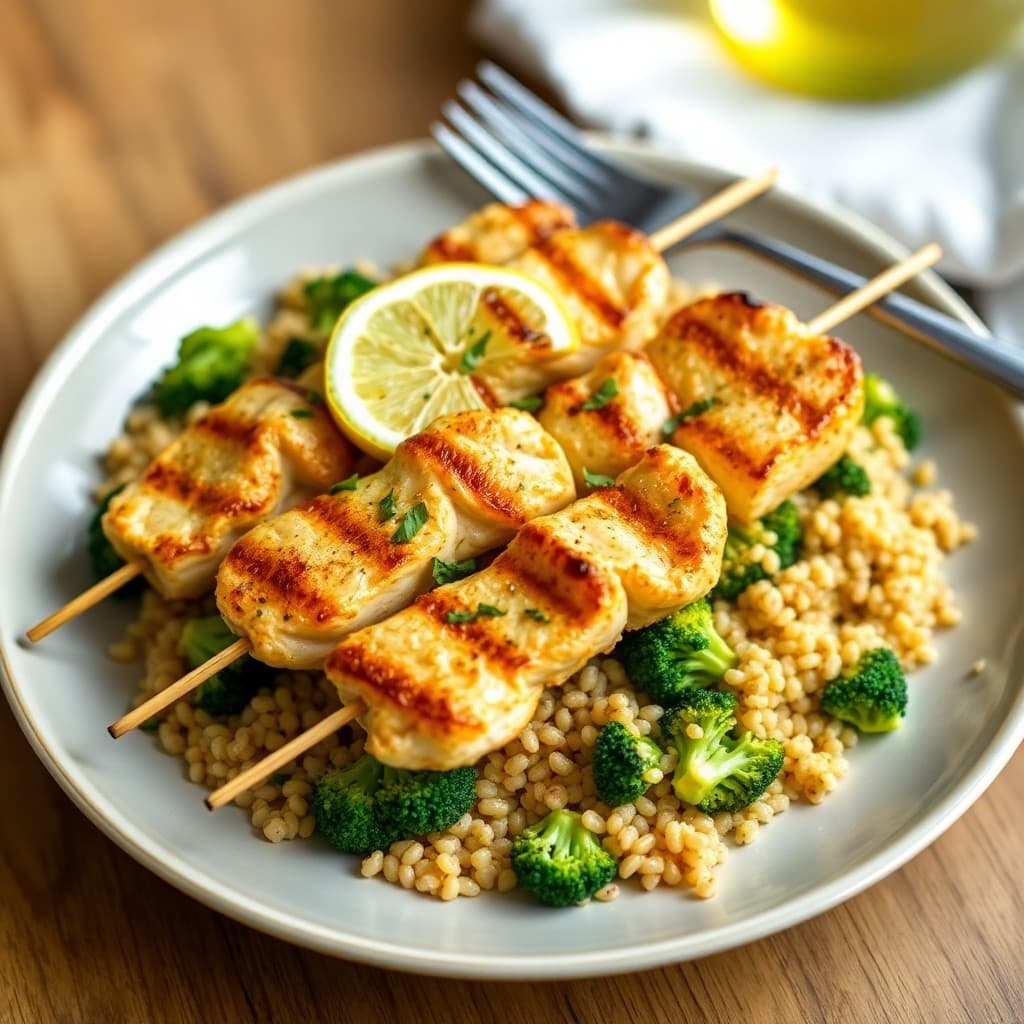 Grilled Lemon-Garlic Chicken Skewers with Roasted Broccoli Quinoa