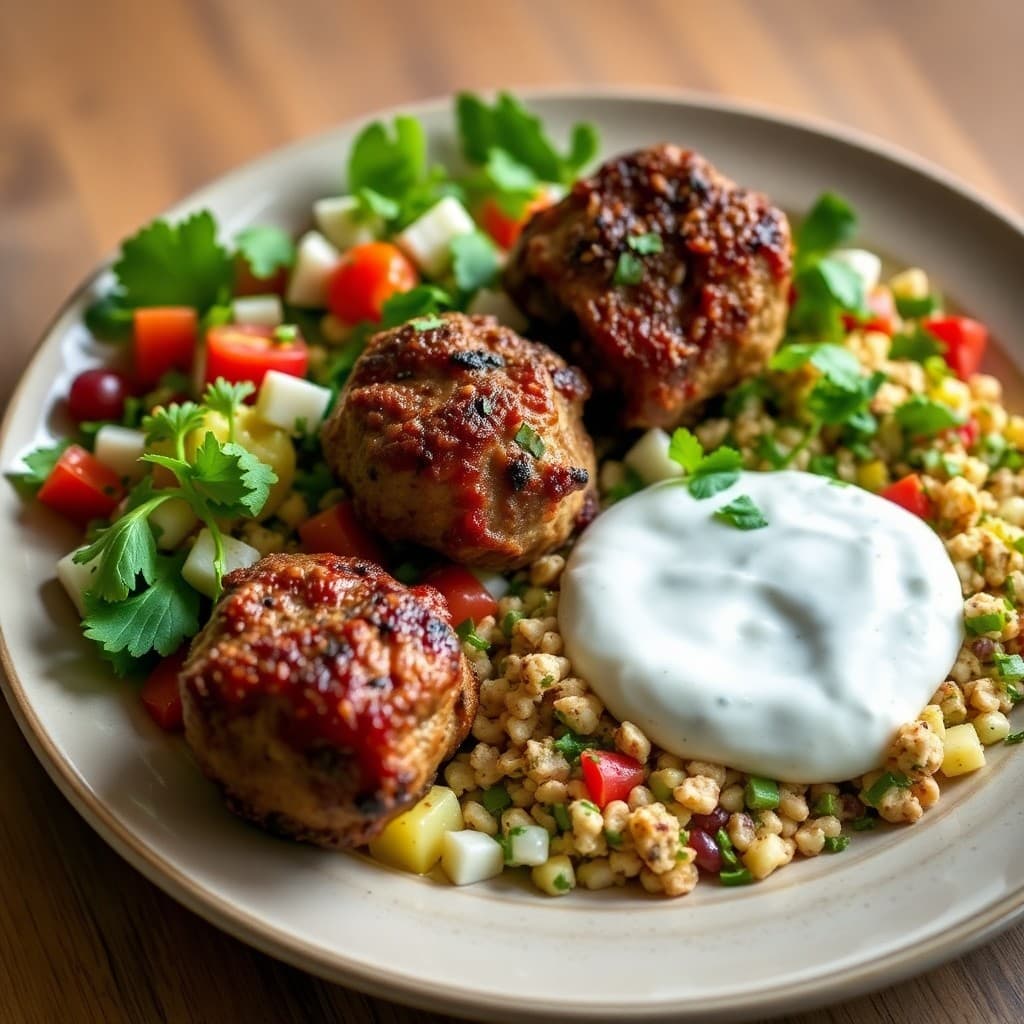 Grilled Lamb Kofta with Tabbouleh and Tzatziki