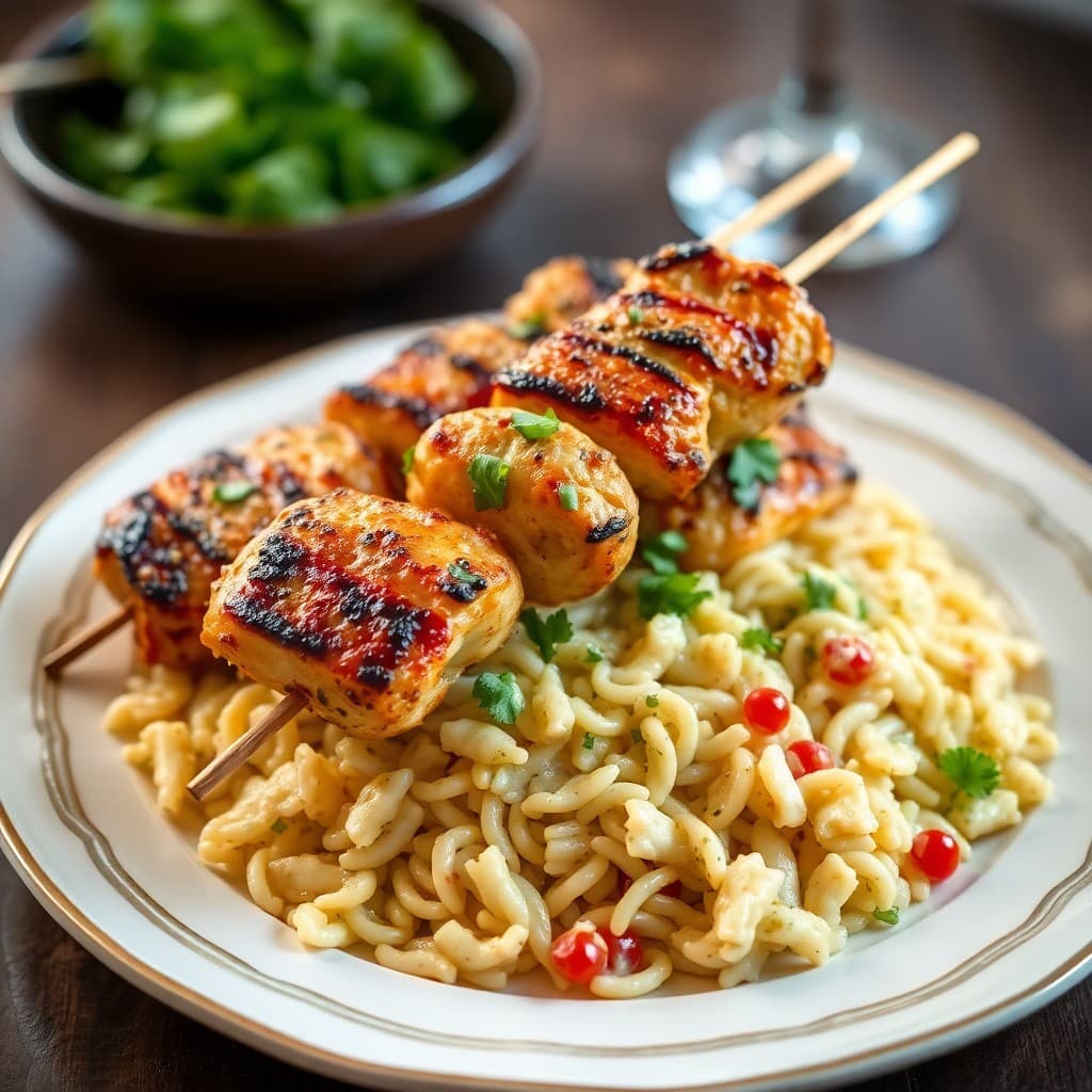 Tuscan Chicken Skewers with Garlic Parmesan Orzo