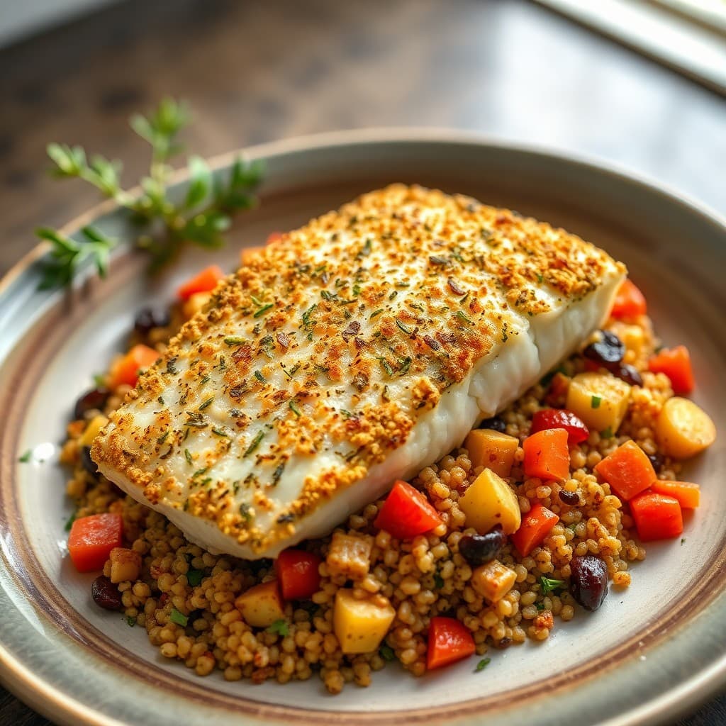 Herb-Crusted Mediterranean Cod with Roasted Vegetable Quinoa