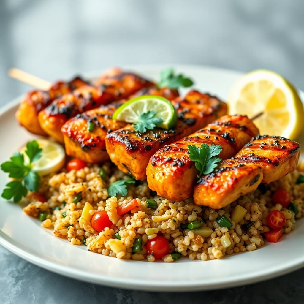 Grilled Chili-Lime Chicken Kebabs with Roasted Veggie Quinoa