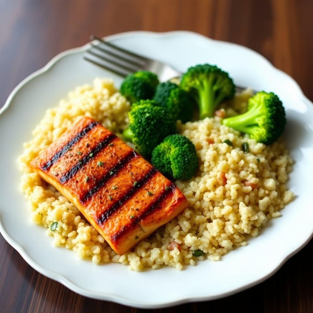 Grilled Chili-Lime Salmon with Roasted Garlic Broccoli and Quinoa Pilaf