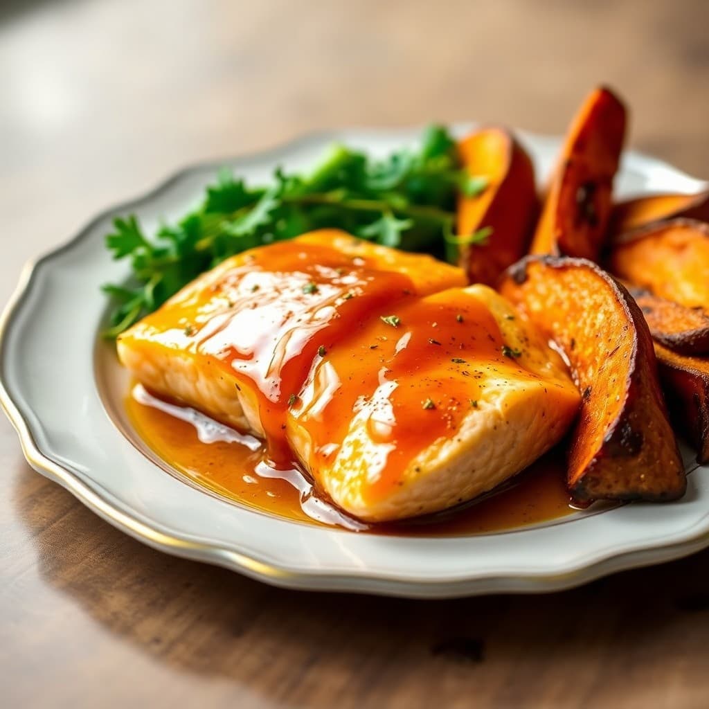 Honey Garlic Glazed Salmon with Roasted Sweet Potato Wedges
