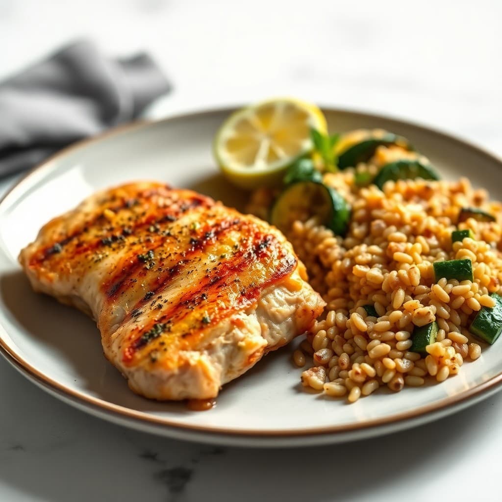 Seared Garlic Lime Chicken with Roasted Zucchini and Farro