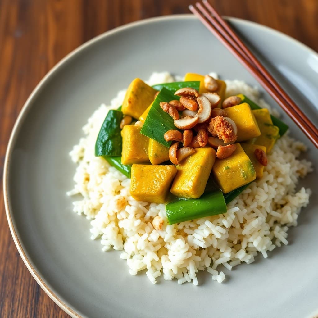 Thai Green Curry Tempeh with Crispy Shallot Jasmine Rice