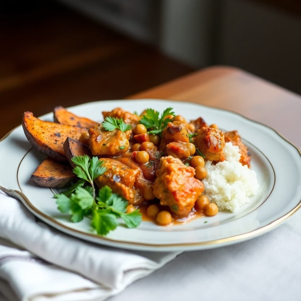 Spicy Moroccan Chicken Stew with Roasted Sweet Potato Wedges