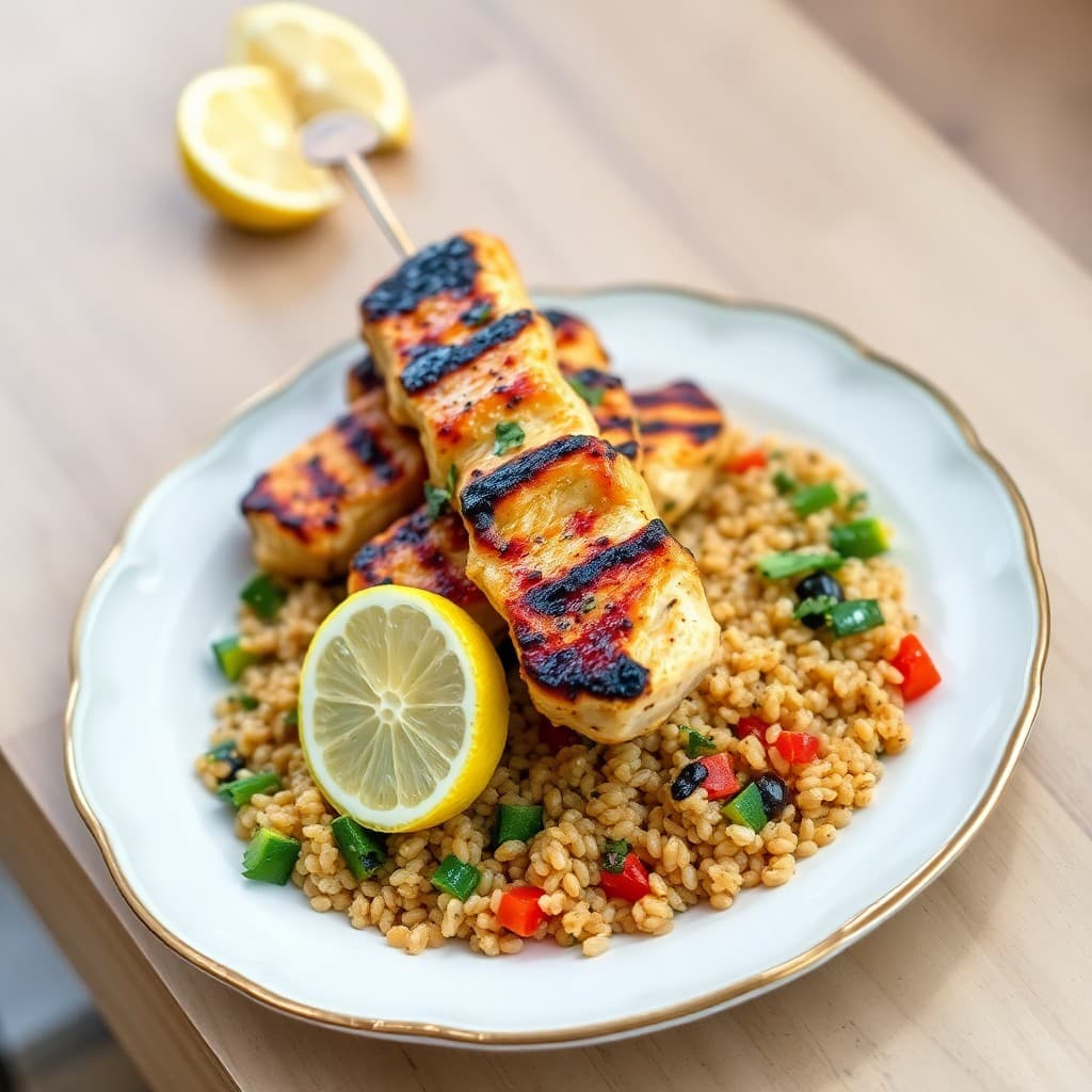 Grilled Lemon-Herb Chicken Skewers with Roasted Vegetable Quinoa