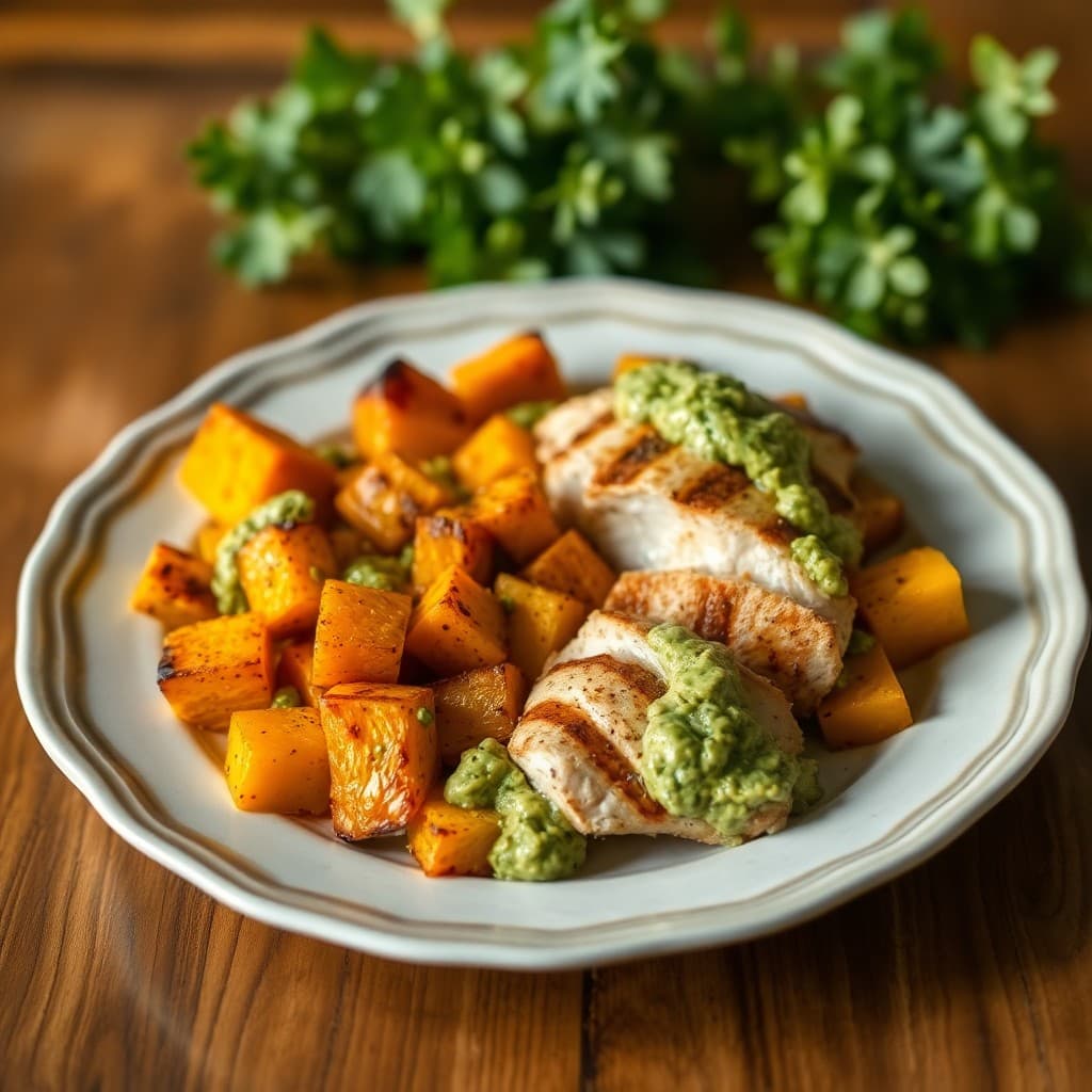 Roasted Butternut Squash with Grilled Chicken and Avocado Pesto