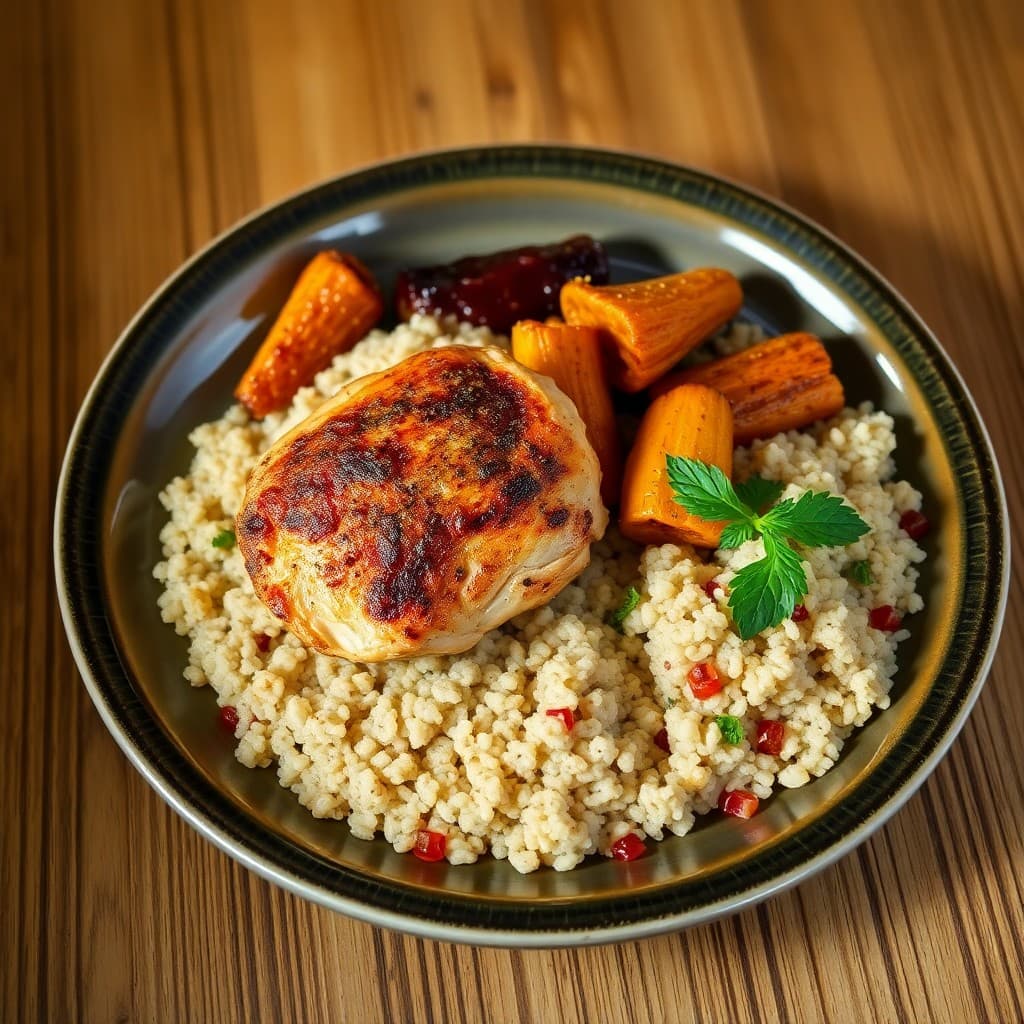 Turkish Pan-Seared Chicken with Sumac-Roasted Root Vegetables & Herbed Bulgur Pilaf