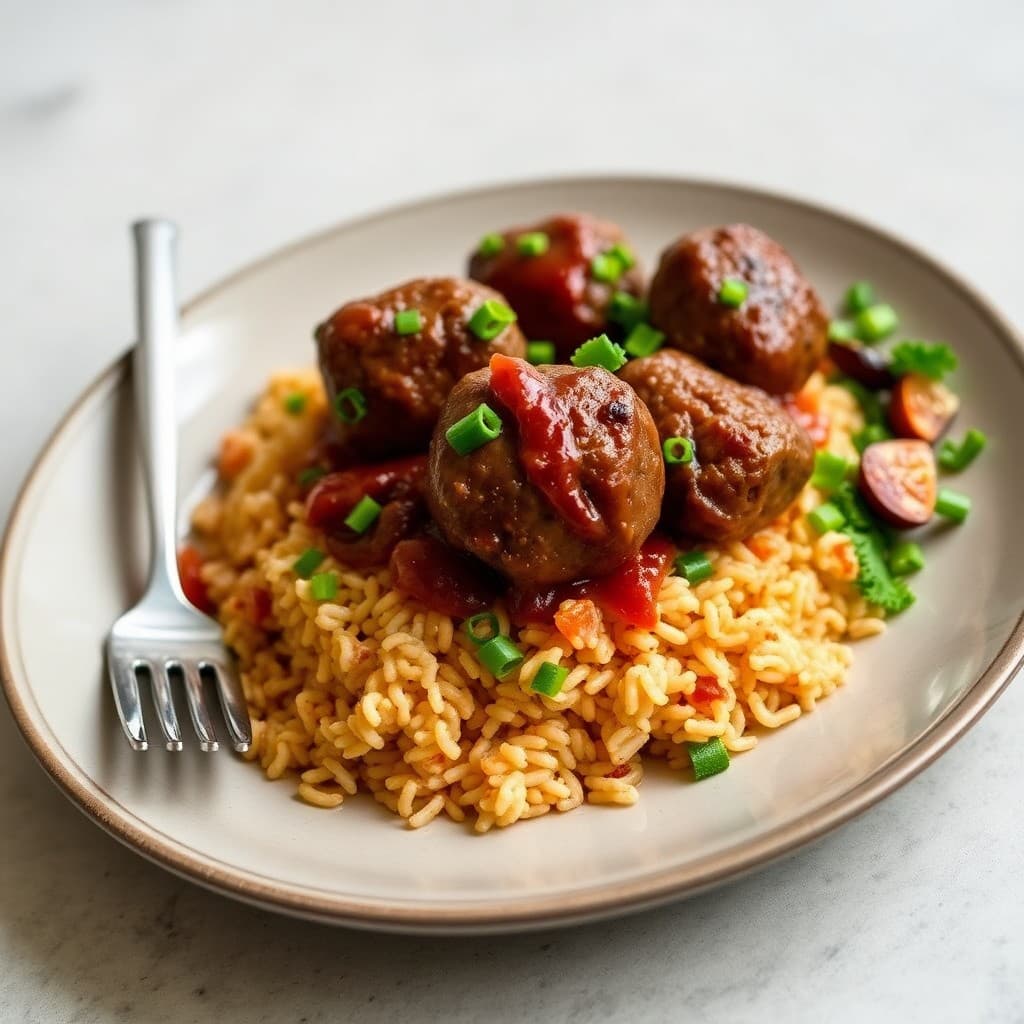 Baked Korean Bulgogi Meatballs with Kimchi Fried Rice
