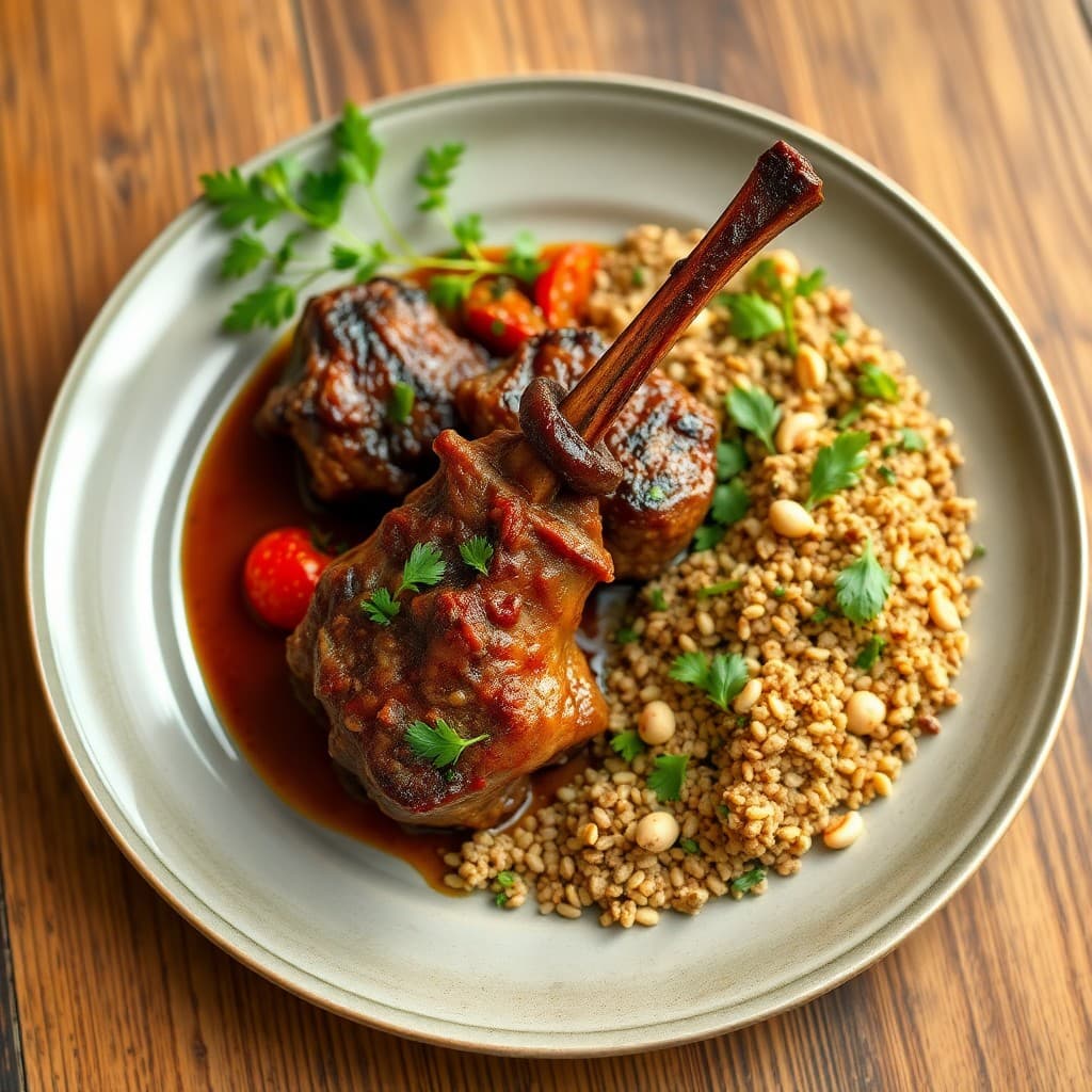 Turkish Herb-Braised Lamb Shank with Charred Eggplant & Freekeh Pilaf