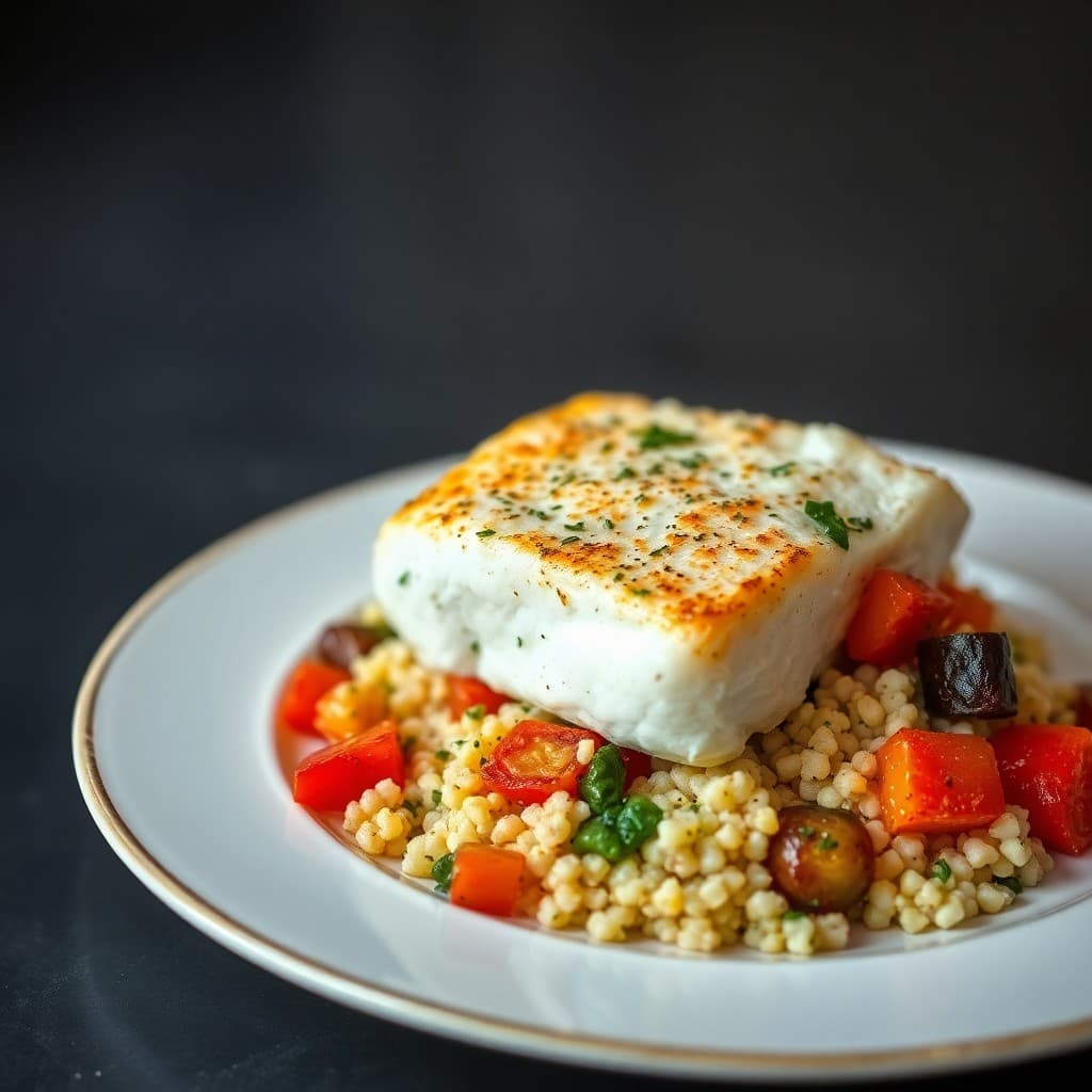 Mediterranean Baked Cod with Roasted Veggies and Garlic-Herb Couscous