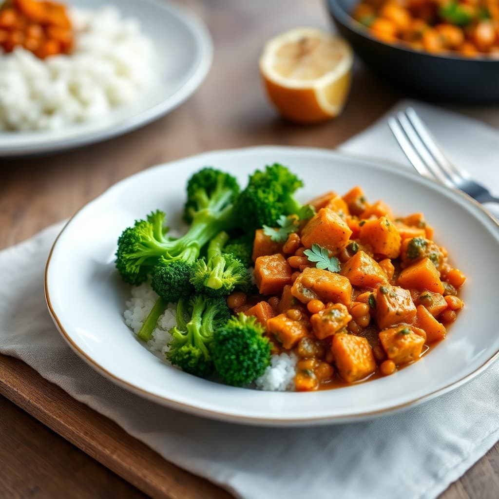 Lentil and Sweet Potato Curry with Garlic-Ginger Broccoli