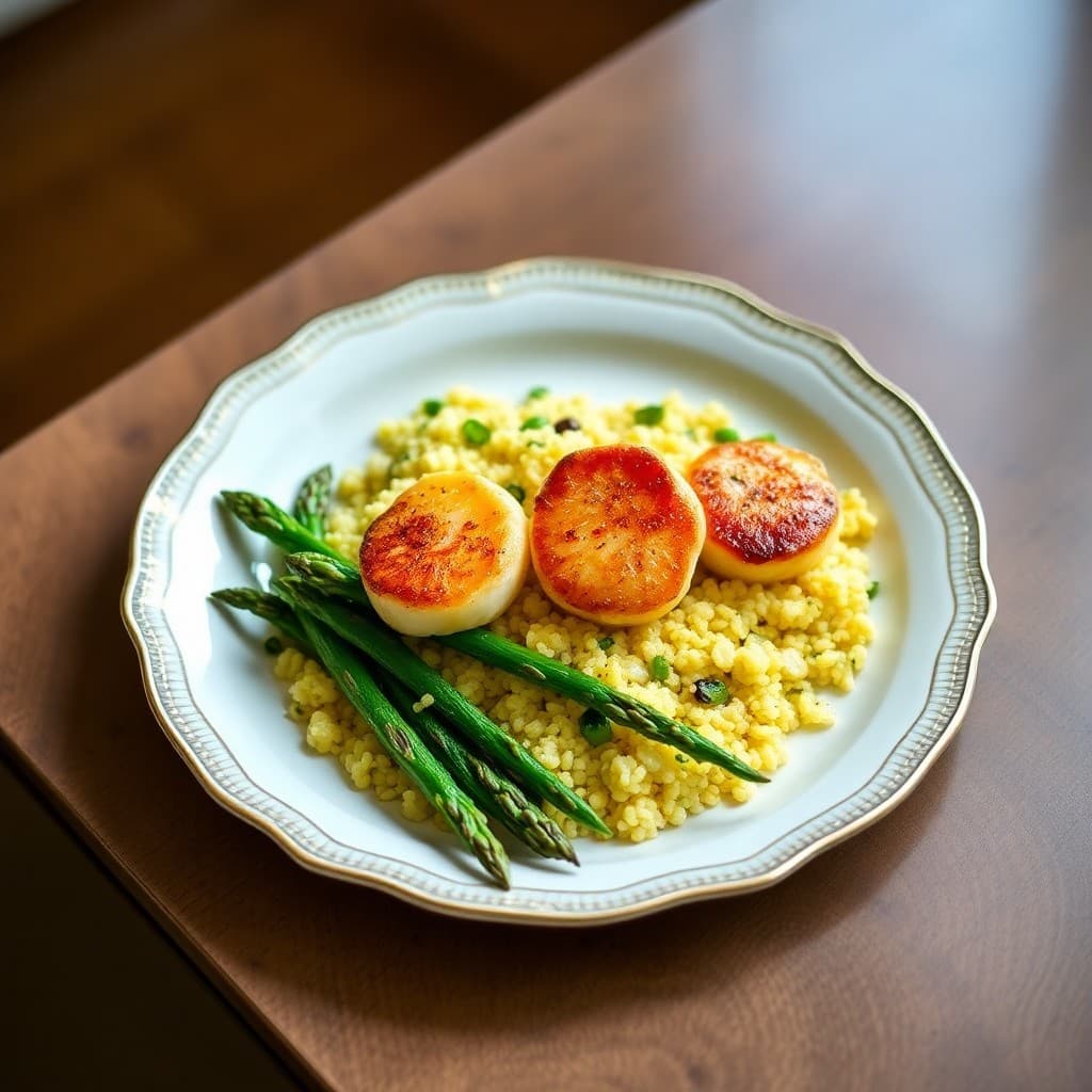 Seared Scallops with Lemon Quinoa and Roasted Asparagus