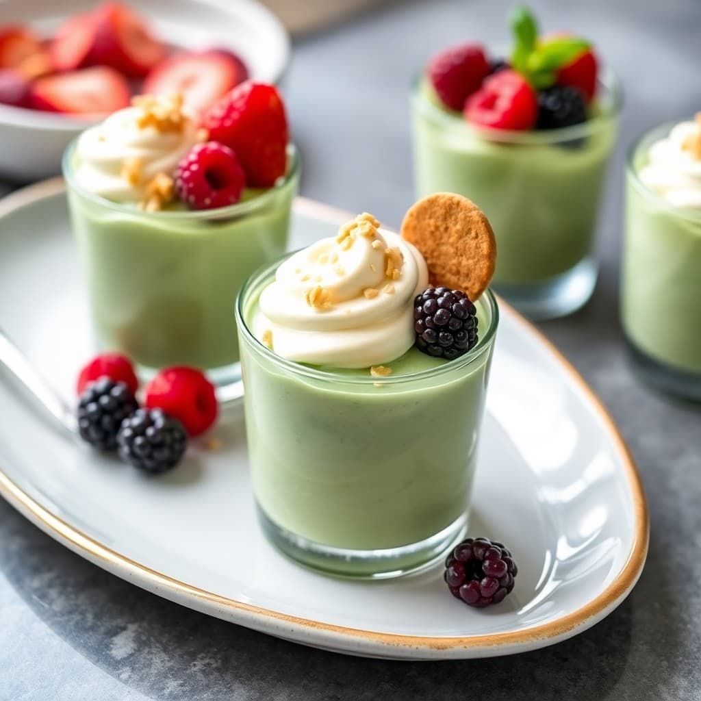 Matcha White Chocolate Mousse Cups with Sesame Brittle & Fresh Berries
