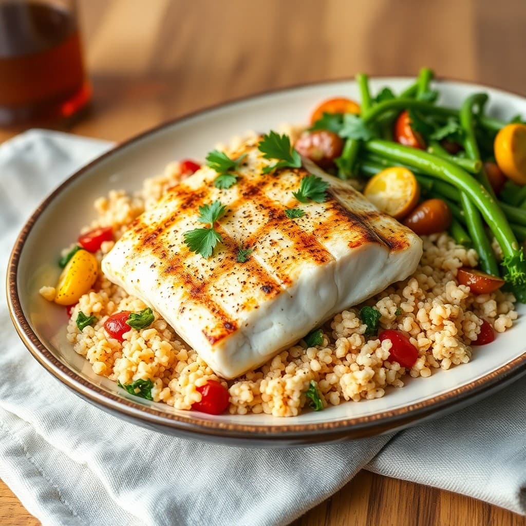 Grilled Mediterranean Halibut with Roasted Vegetable Couscous