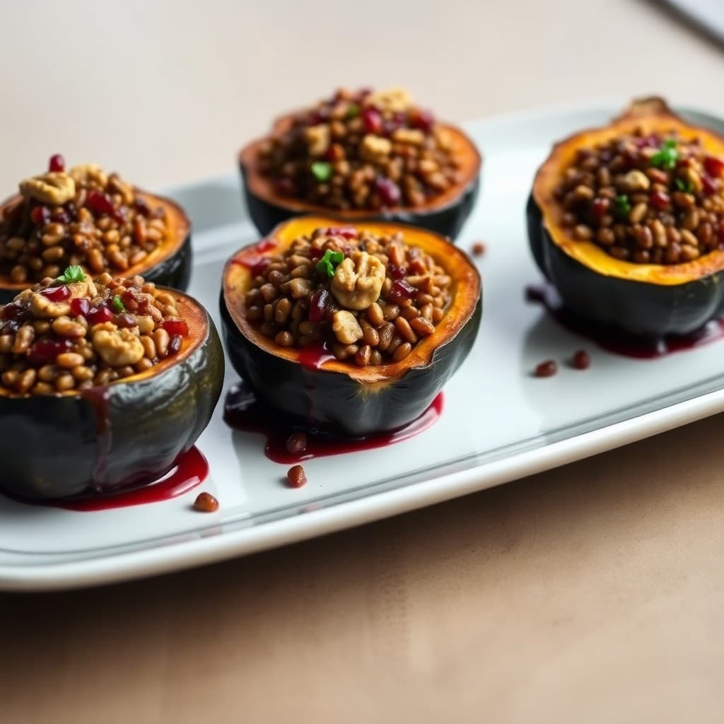 Turkish Spiced Lentil & Walnut Stuffed Acorn Squash with Pomegranate Glaze