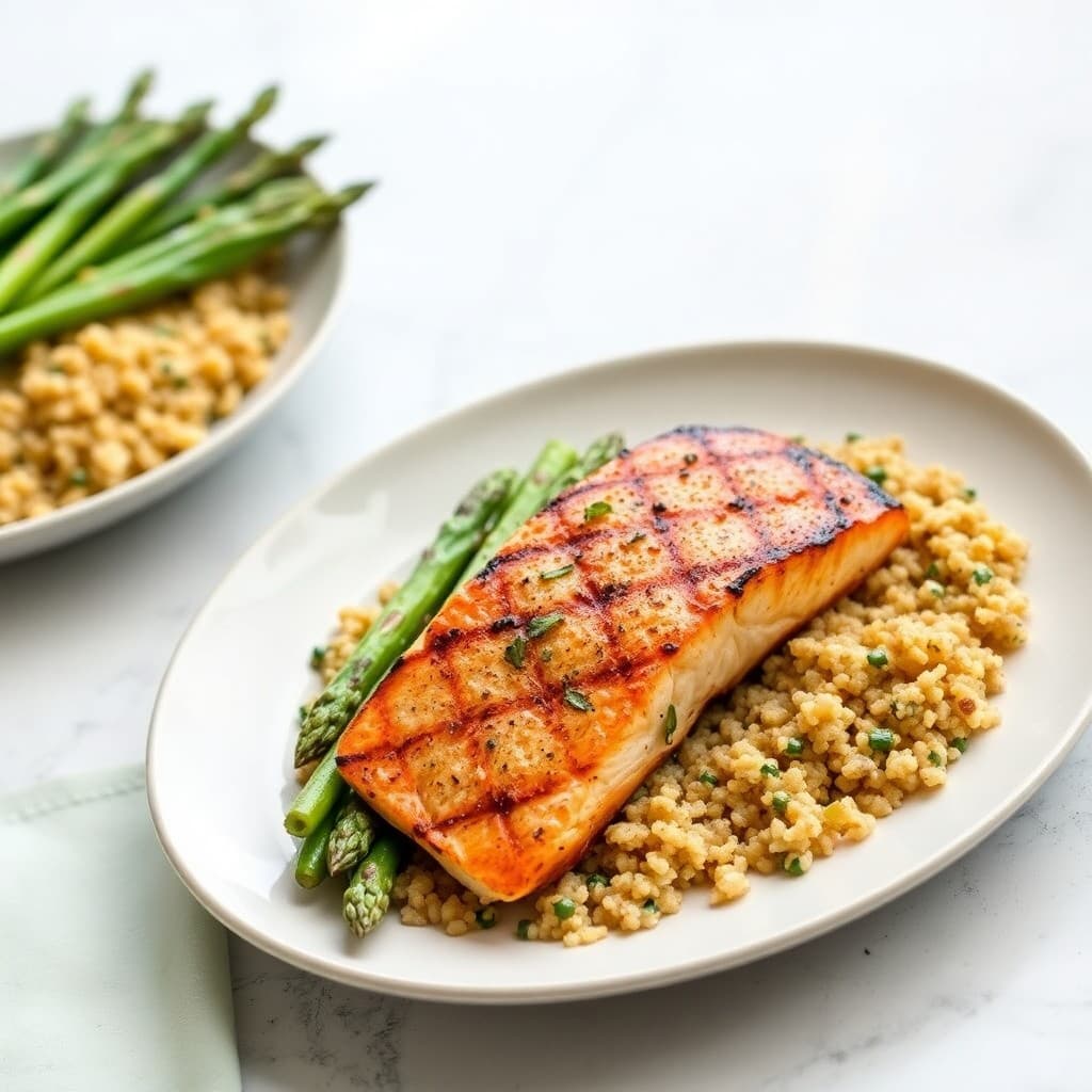 Grilled Garlic-Herb Salmon with Roasted Asparagus and Quinoa