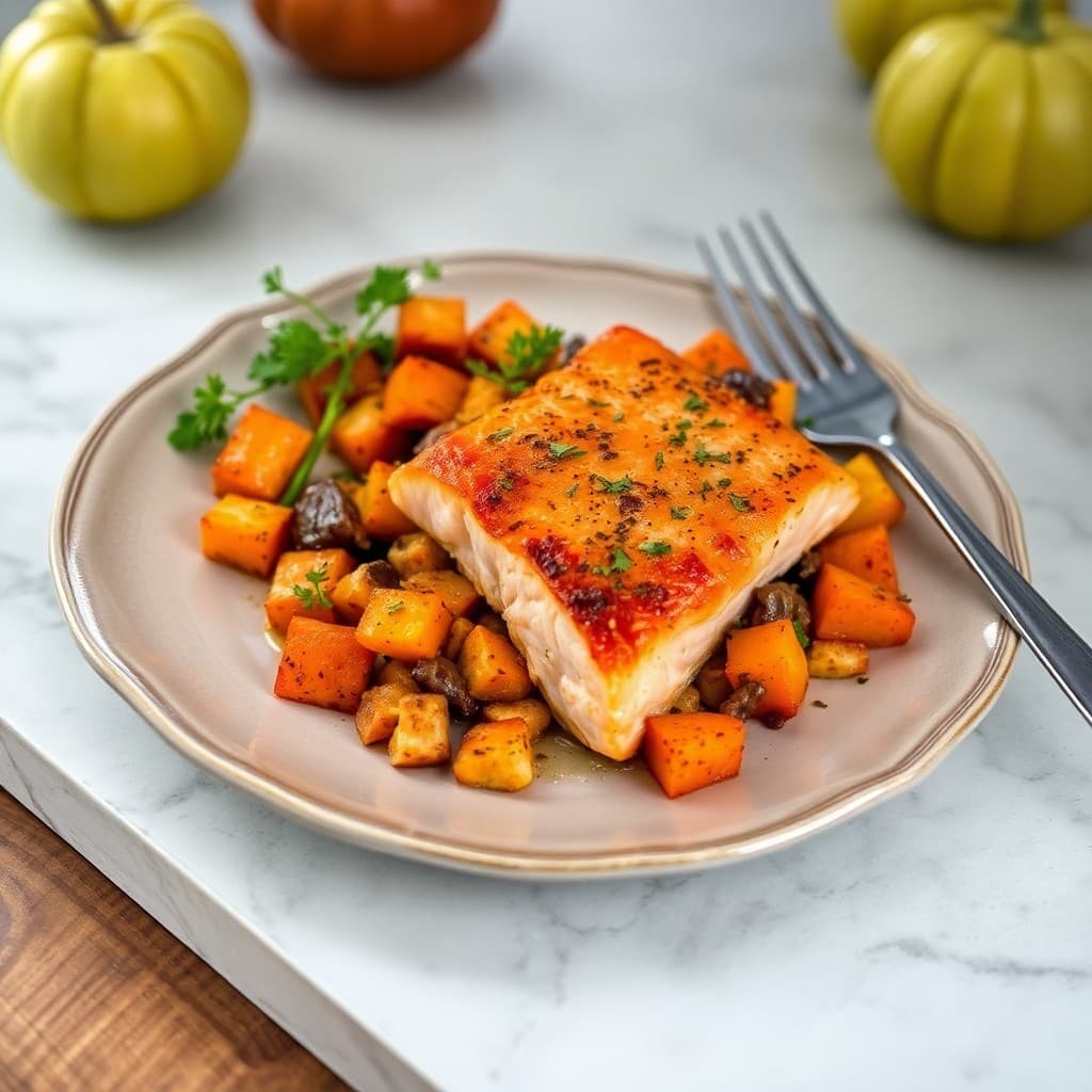 Autumn Baked Salmon and Sweet Potato Hash