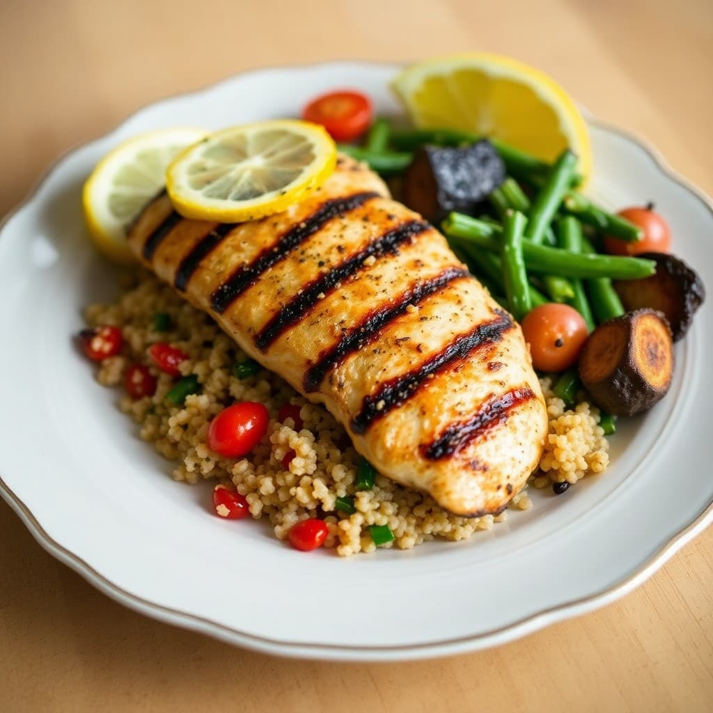 Grilled Lemon-Garlic Chicken with Roasted Veggie Quinoa