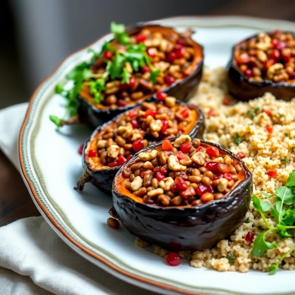 Turkish Lentil & Walnut Stuffed Eggplant with Pomegranate Glaze