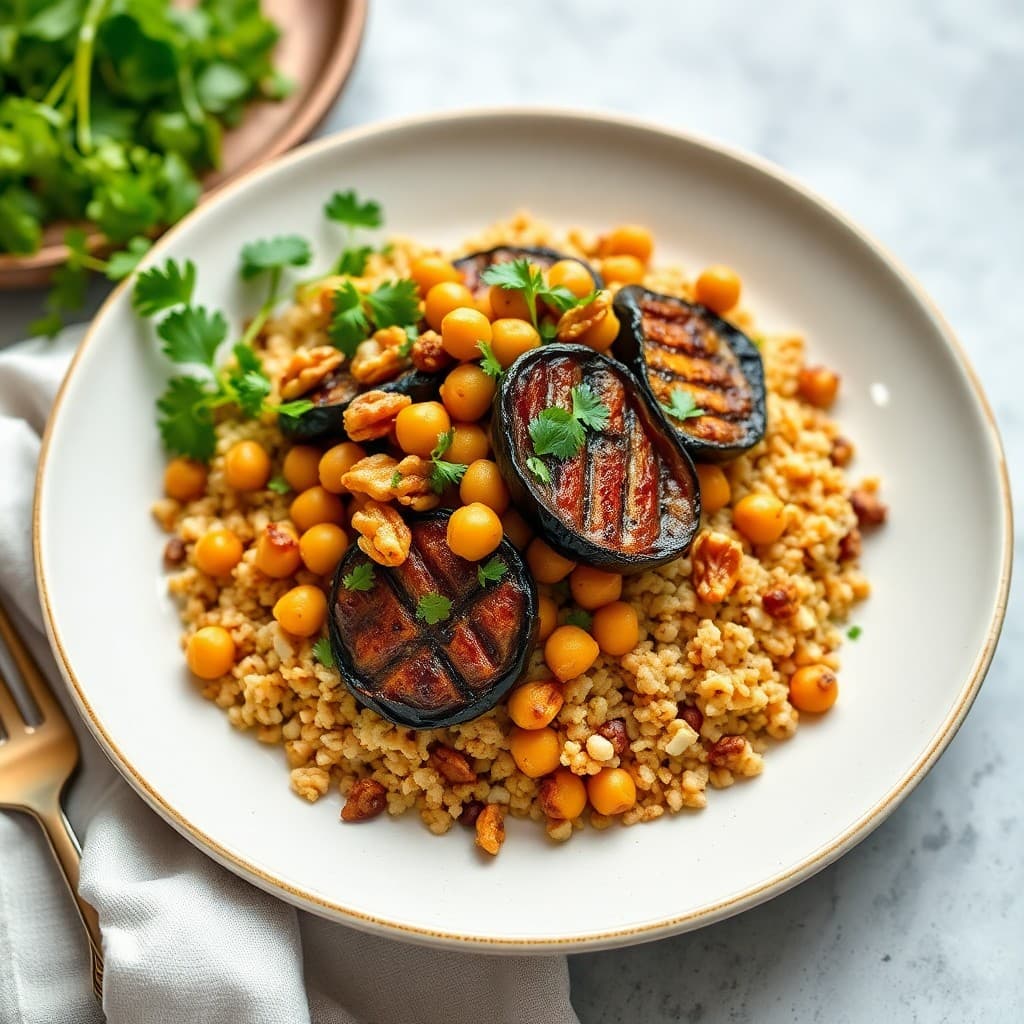 Turkish-Inspired Crispy Chickpea & Walnut Pilaf with Charred Eggplant