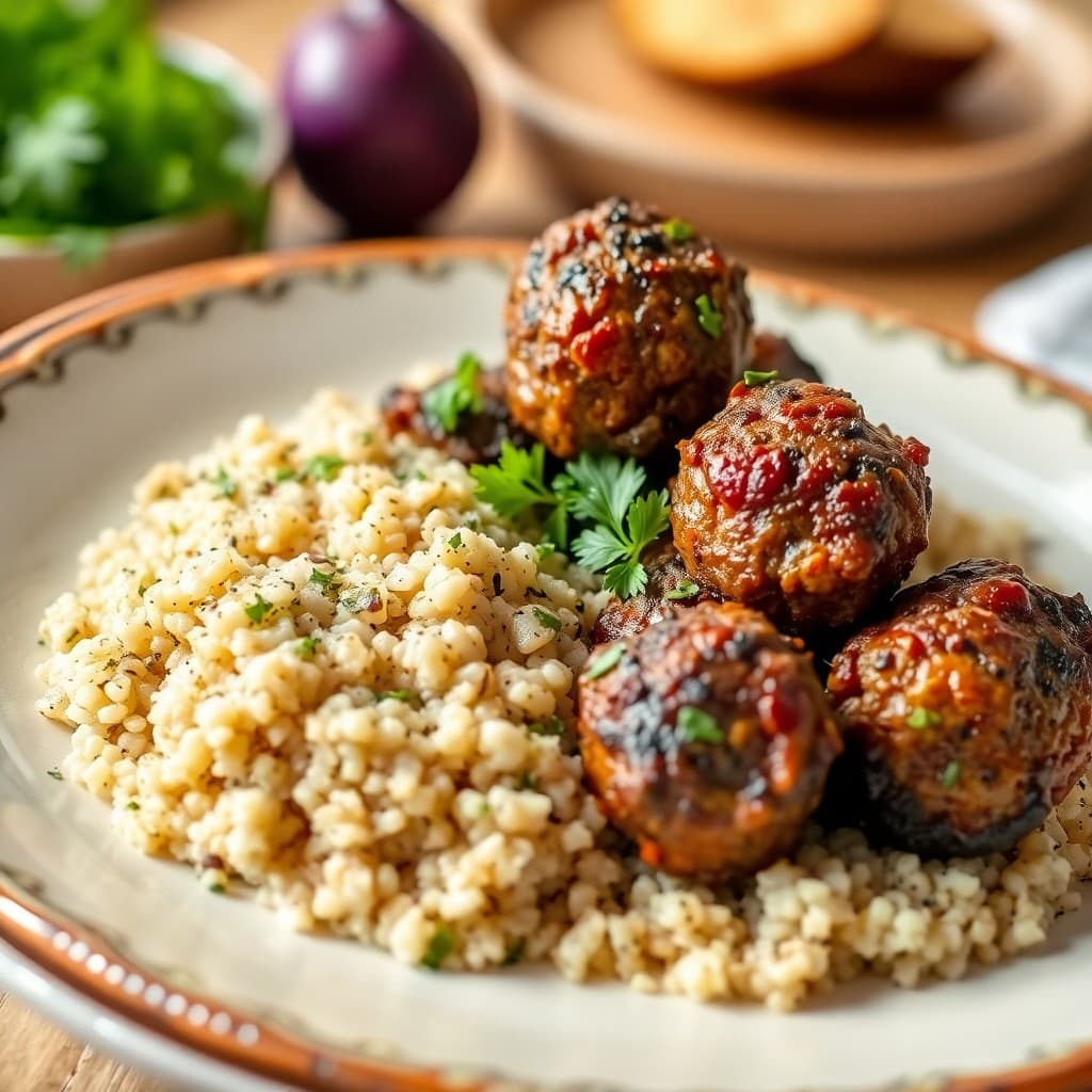 Turkish Lamb Köfte with Charred Eggplant & Herbed Bulgur