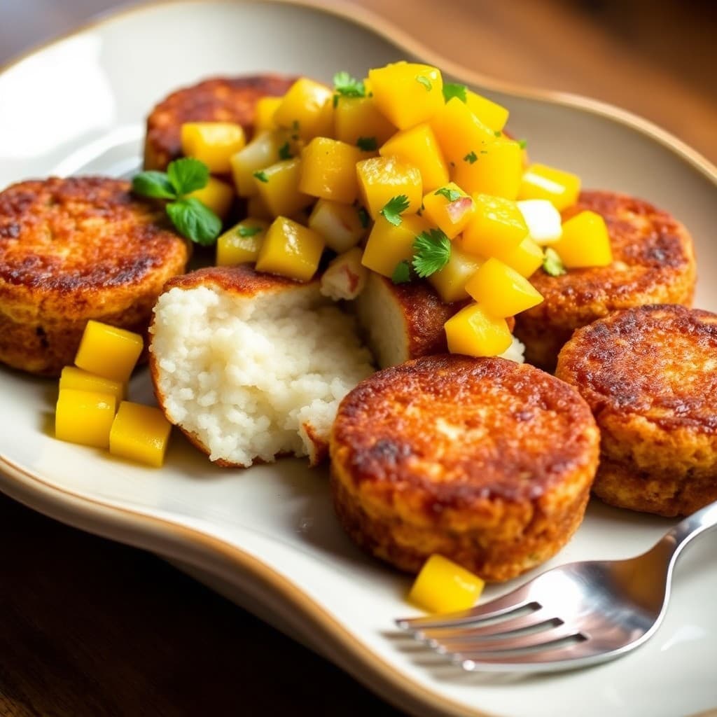 Korean Sticky Rice Cakes with Mango Salsa