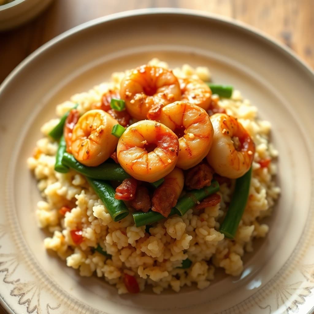 Sizzling Garlic Ginger Shrimp Stir-Fry with Vegetable Fried Cauliflower Rice