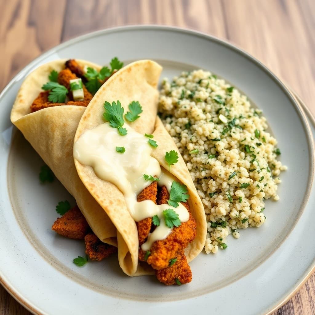 Crispy Seitan Shawarma Wraps with Tahini-Lemon Drizzle & Herbed Bulgur