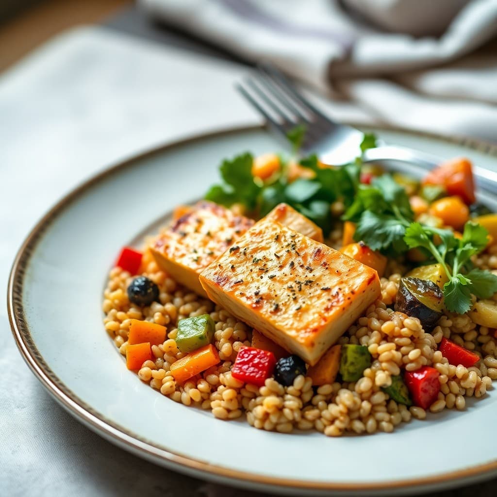 Seared Ginger-Garlic Tofu with Roasted Vegetable Medley and Farro