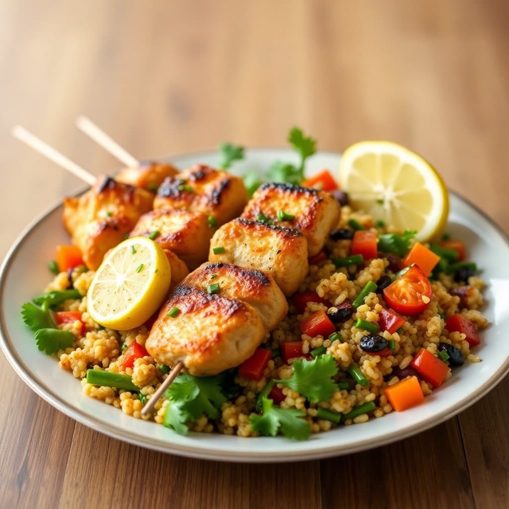 Zesty Lemon-Garlic Chicken Skewers with Roasted Veggie Quinoa Bowl