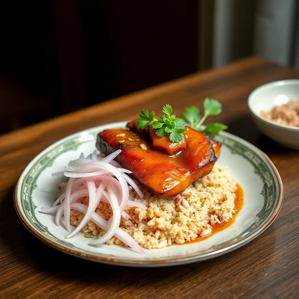 Vietnamese Caramelized Pork Belly with Charred Shallot Rice & Pickled Daikon Slaw