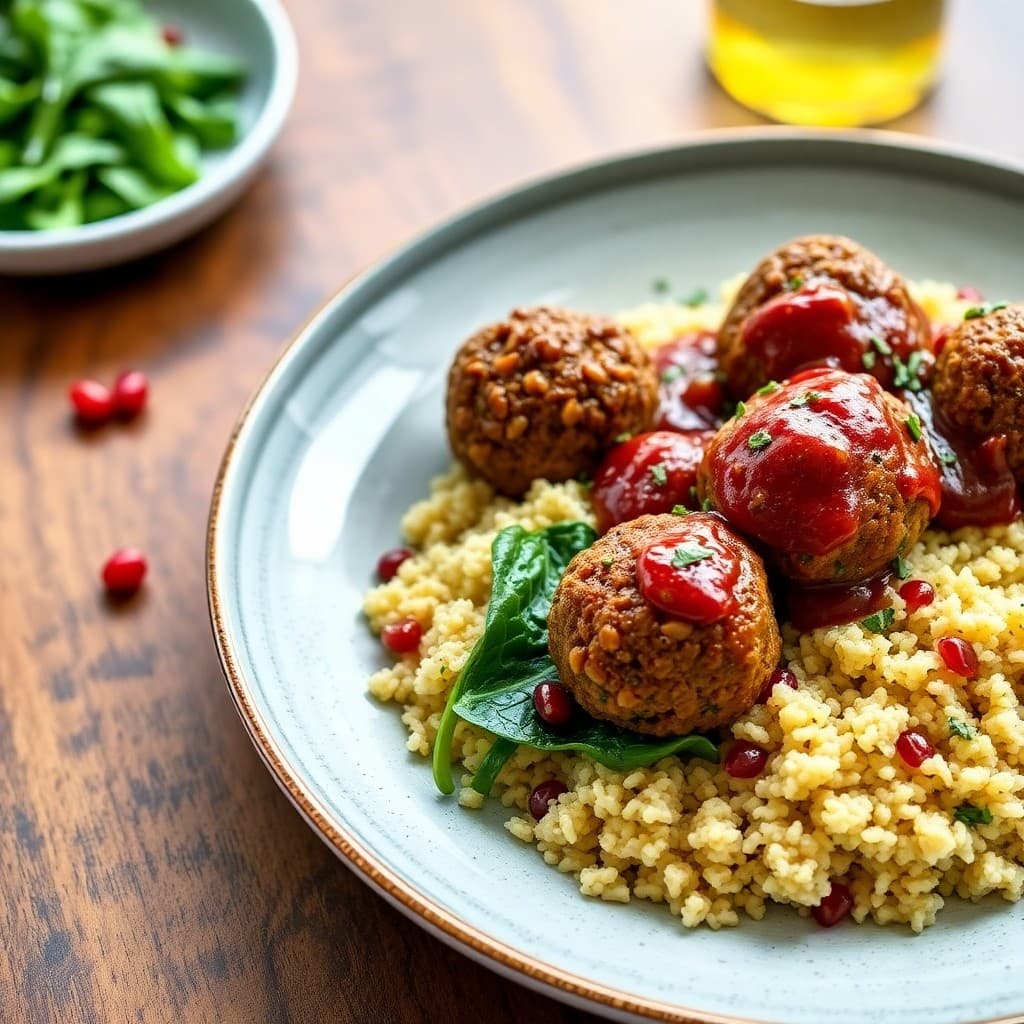 Turkish-Spiced Lentil & Walnut Meatballs with Pomegranate-Walnut Sauce & Herbed Bulgur