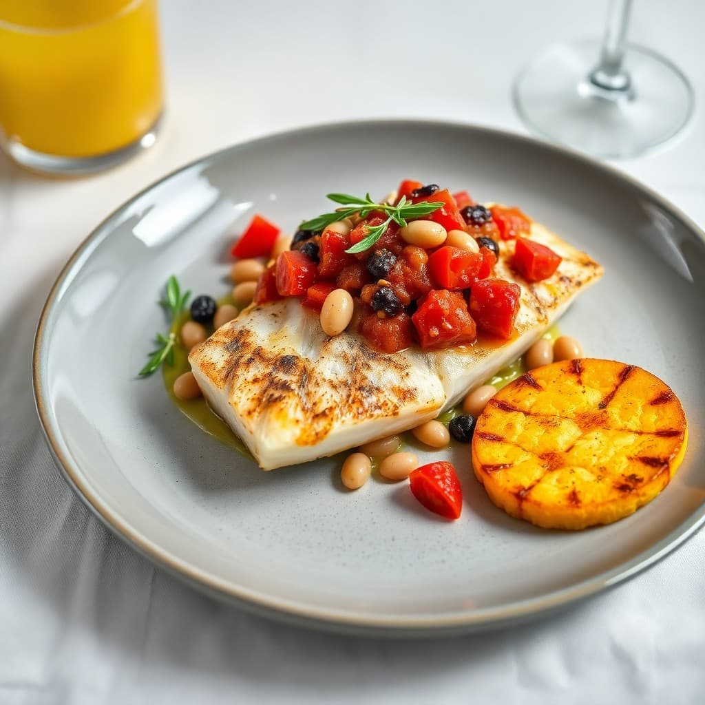 Croatian Grilled Sea Bass with White Bean & Tomato Ragù and Charred Polenta
