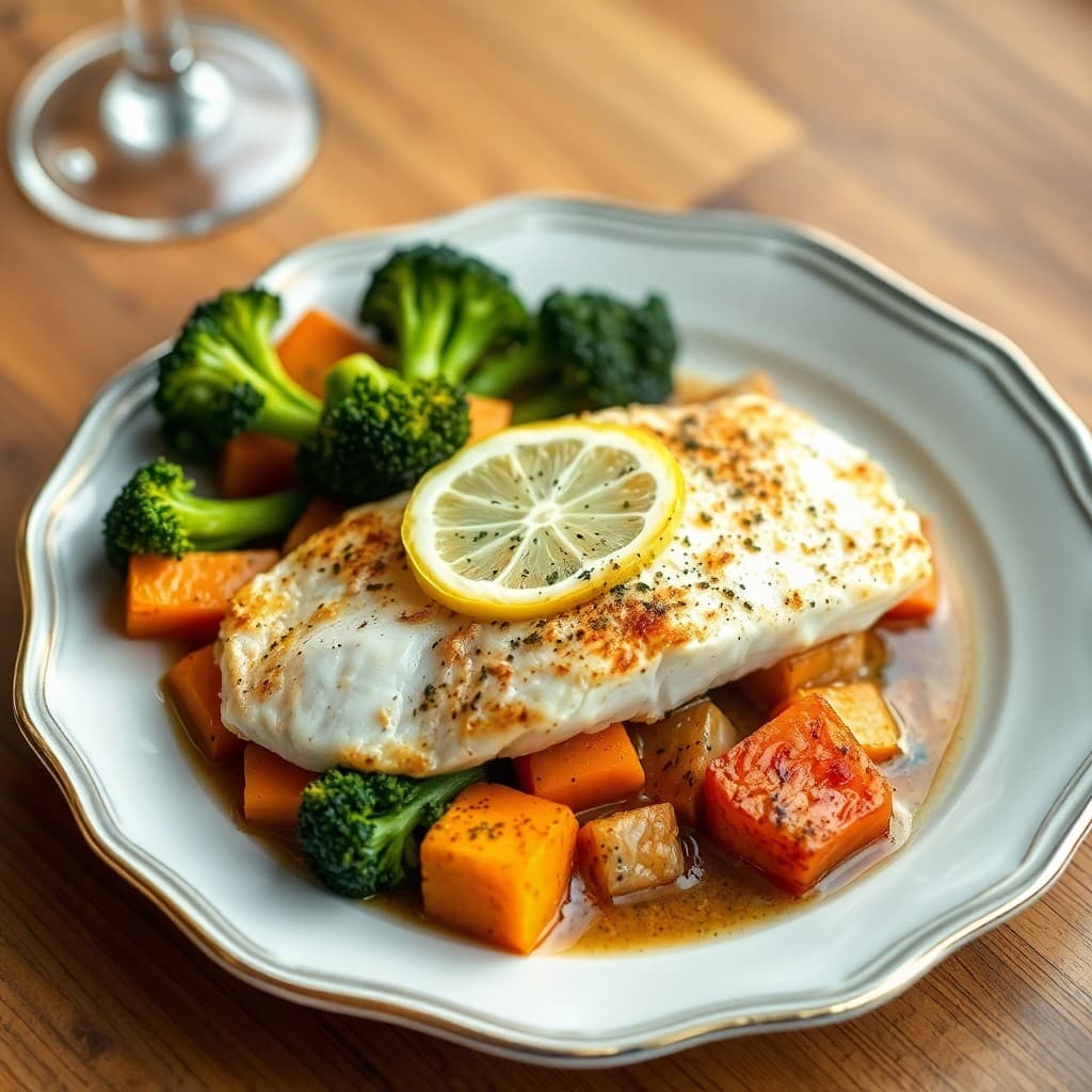 Seared Lemon-Garlic Cod with Roasted Sweet Potato and Broccoli