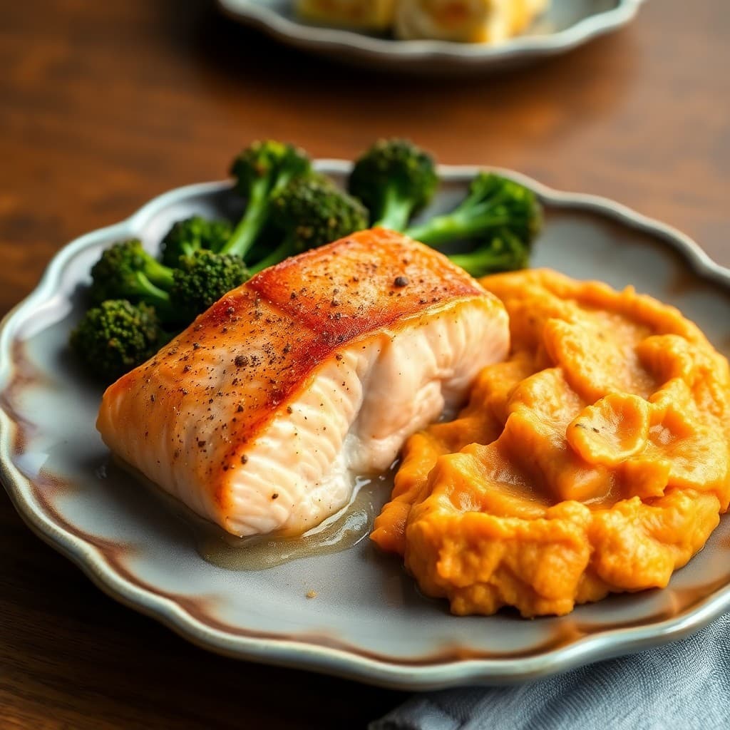 Roasted Salmon and Broccolini with Sweet Potato Mash
